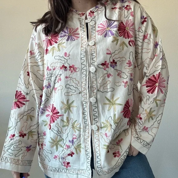 CONSIGNED—Embroidered Floral White Button-Front Jacket - Picture 2 of 10